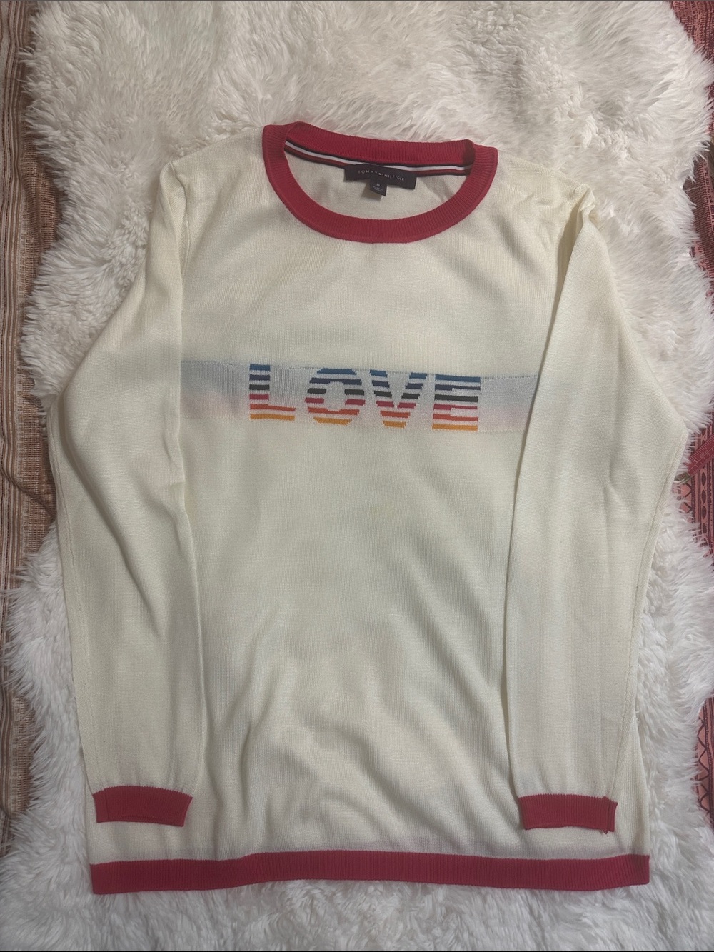 Tommy Hilfiger Rainbow LOVE Crewneck Sweater White Long Sleeve Knit Medium - Picture 2 of 12